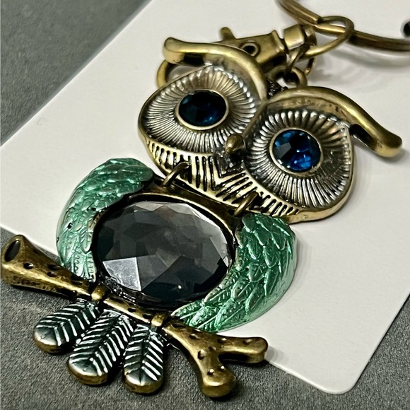 Owl Keychain Antiqued Gold Metal Boho 3” Repurposed Giftable Handmade - Picture 5 of 6